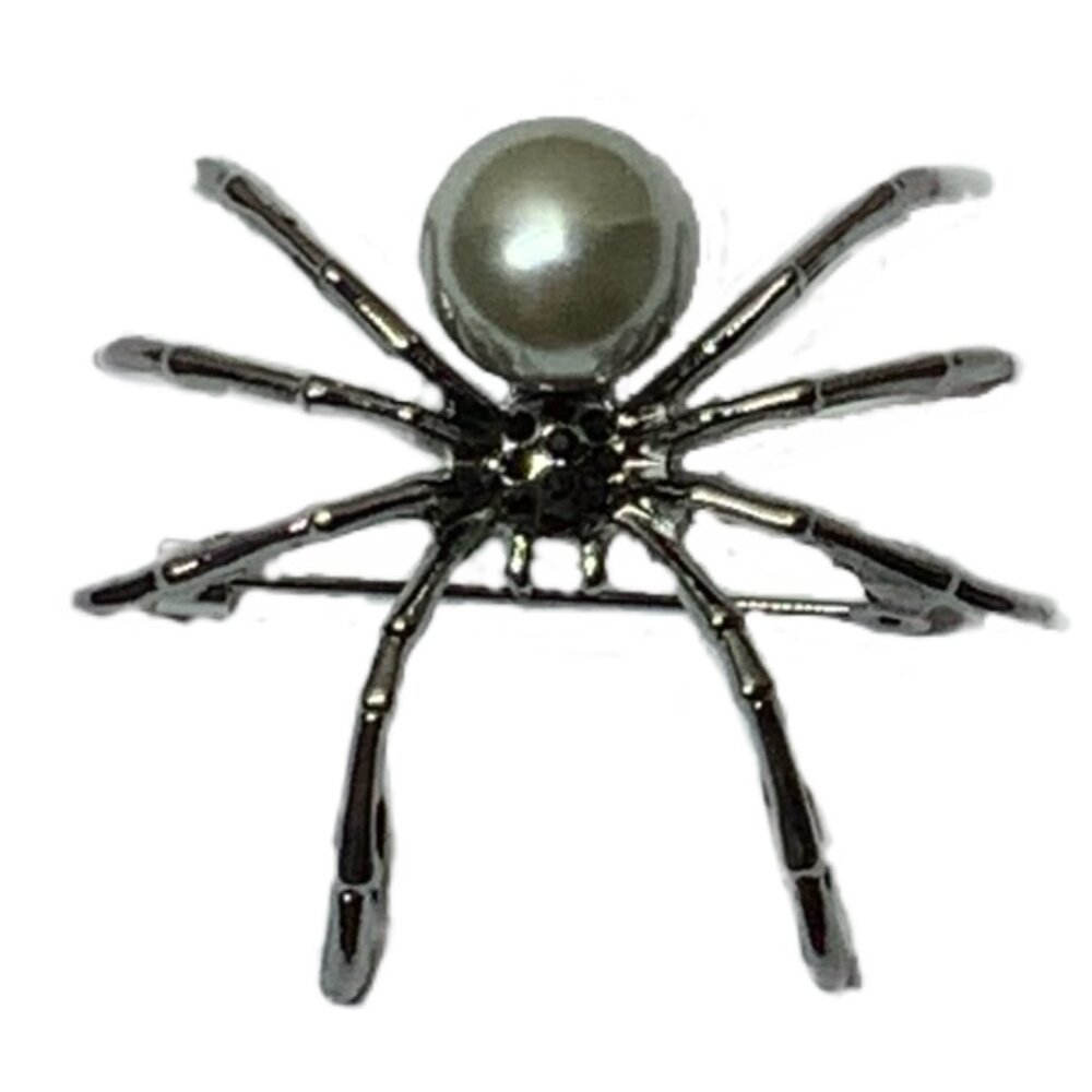Gunmetal Silvertone Gray Black Spider Pin Brooch Gothic Halloween Faux Pearl - Picture 6 of 6